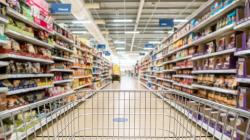 Photo of a supermarket aisle from the perspective of a trolley
